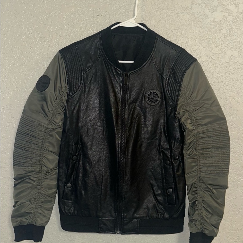 Faux Leather Bomber Jacket with Olive Sleeves